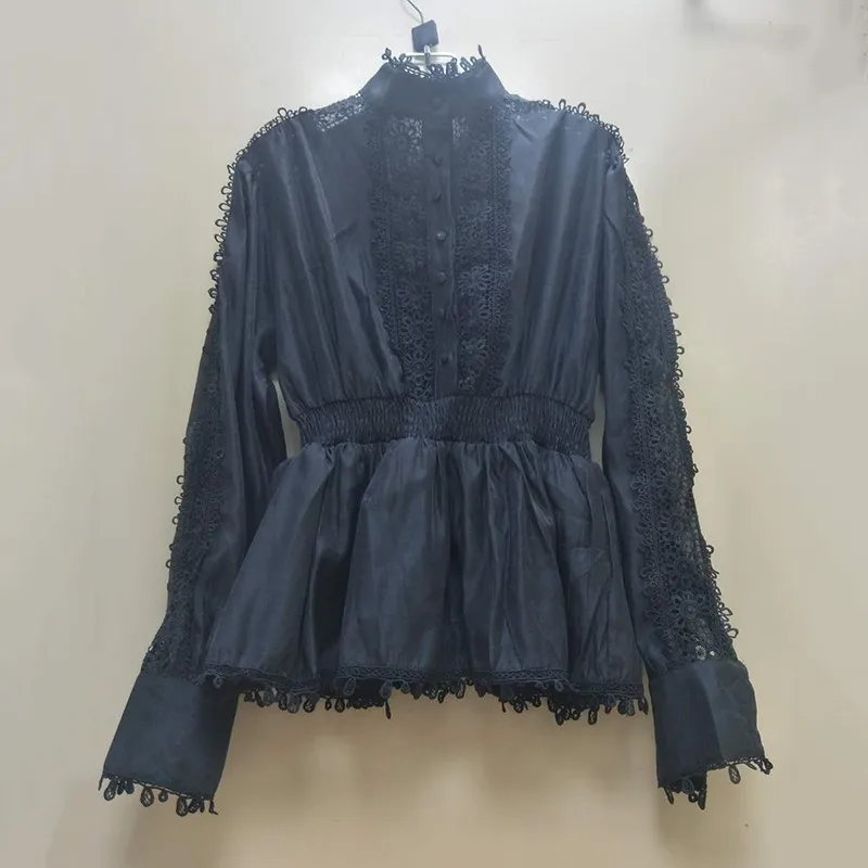 black TWOTWINSTYLE, женские рубашки, блузка для женщин, стоячий воротник, длинный рукав, туника, пэчворк, кружево, открытая, топы для женщин,, весна, Новинка - Цвет: black