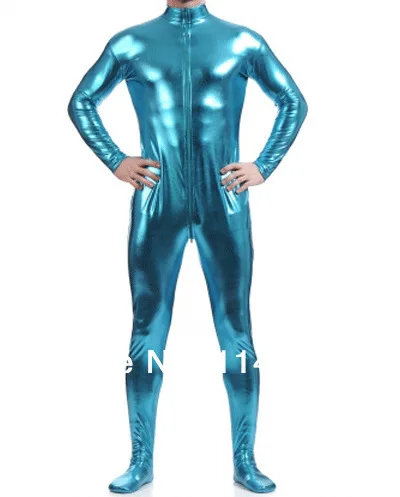

Blue Fornt Zipper Shiny Metallic Tight Zentai Suit Male Catsuit