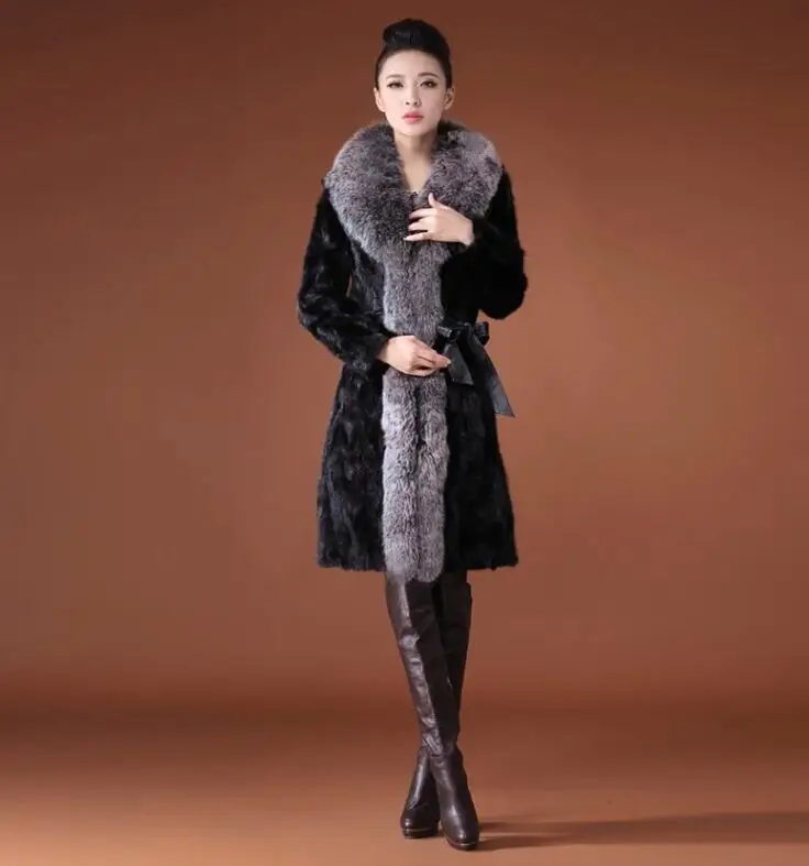 Autumn faux mink leather jacket womens long coats winter thicken warm fur leather coat women slim jackets fashion big fur collar