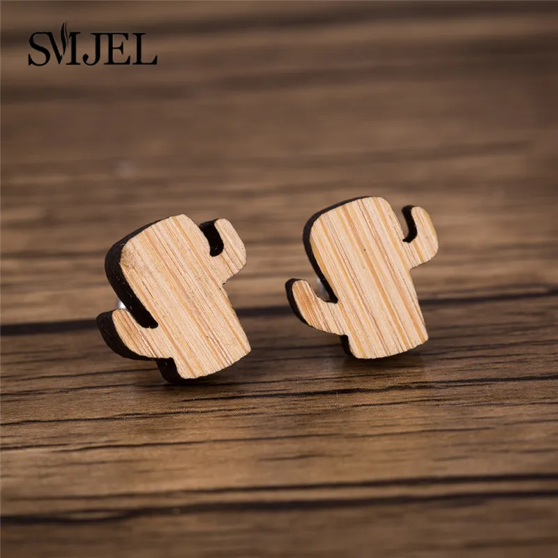 Cactus Earrings SMJEL Панк Круг Кулон Серьги гвоздики деревянный для женщин Глобус мира серьги с картой ручной работы подарок для нее путешествия ювелирные изделия Мать Земля - Окраска металла: Cactus Earrings