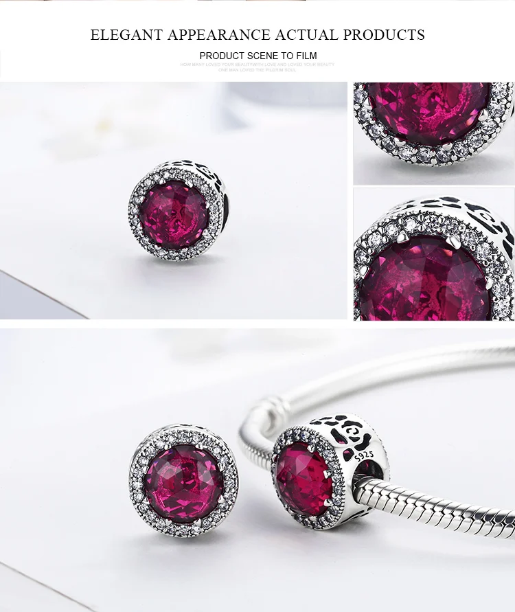 BISAER подлинные 925 пробы серебряные Красные лучистые сердца, Cerise Кристальные и прозрачные CZ бусины и талисманы подходят Pan браслеты HTC113