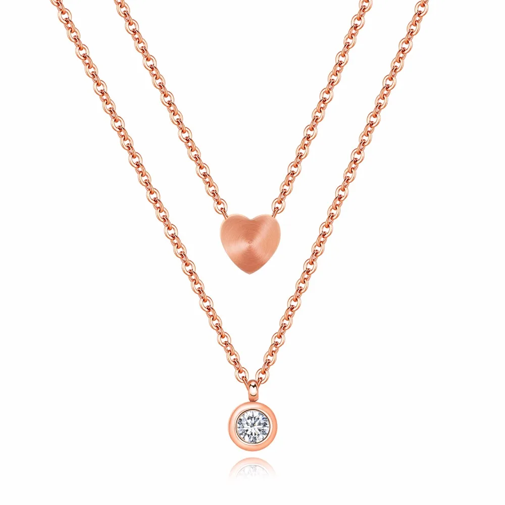 

Fashion Love Double-deck Chain Crystal Round Heart Pendant Necklace Rose gold Color Stainless Steel Women Christmas Gift