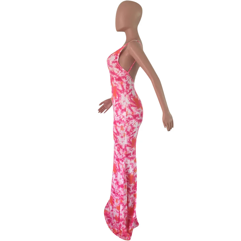 Tie Dye Print Sexy длинное платье в стиле "Русалка" для женщин Спагетти ремень спинки в пол платье Лето O образным вырезом без рукавов богемное платье
