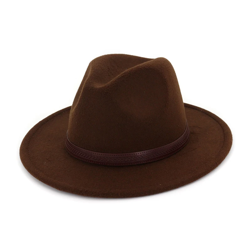 coffee QIUBOSS Панама Джаз Fedora кепка для женщин и мужчин Шерсть фетр остроконечные широкие полями Дерби шляпа кофе кожа Украшение Gambler Chapeau QB42 - Цвет: coffee