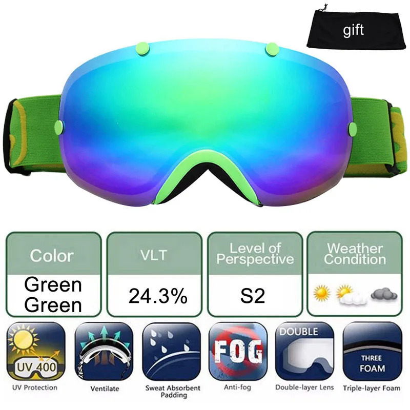 Green Geen Лыжные очки UV400, противотуманные лыжные очки с двойными линзами, очки для катания на лыжах, сноуборде, скейтборде, мужские и женские лыжные очки - Цвет: Green Geen