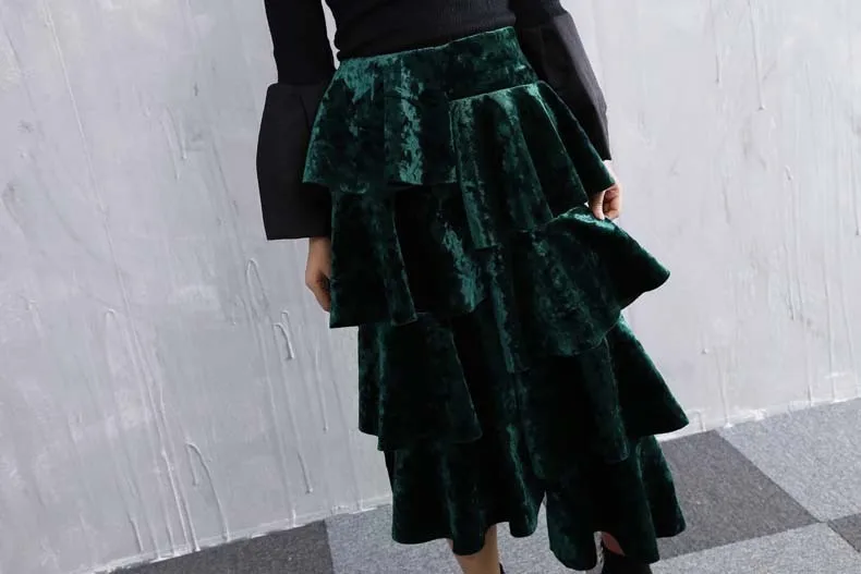 ASYMSAY Europe Lotus Leaf Asymmetry Shiny Fabric Velvet Skirt For Women Back Split Elastic High Waist Skirts Female AC2122