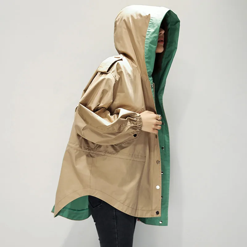 Khaki Tnlnzhyn Демисезонный Для женщин Тренч свободные с капюшоном Для женщин ветровки Повседневное пальто с длинными рукавами Y1046 - Цвет: Khaki