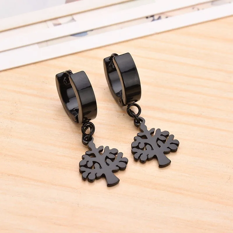 L5025BK Милые висячие серьги из нержавеющей стали для женщин, 3D Двухсторонние серьги-подвески в виде дерева жизни, серебряные, черные металлические рождественские серьги, подарки - Окраска металла: L5025BK