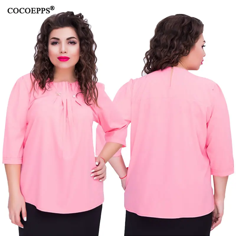 

5XL 6XL 2019 Casual Big Size Women Tops Ladies Work Office t-Shirts Chiffon O-Neck big size Summer Shirt plus size Solid Shirt