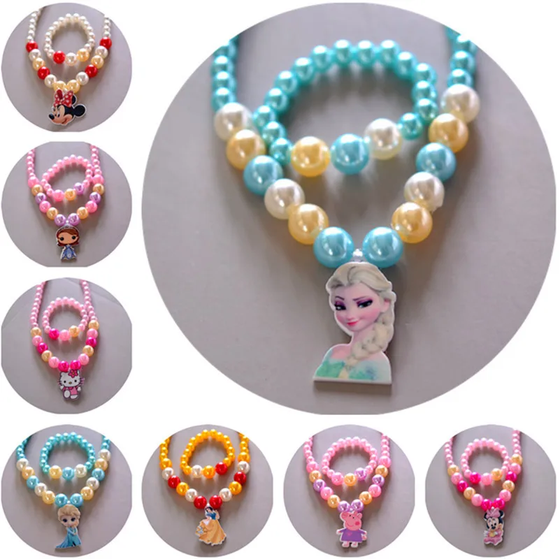 

2 pcs/lot Disney Children's Doll Accessories Girls Necklace + Bracelet Set Baby Gift Frozen princess