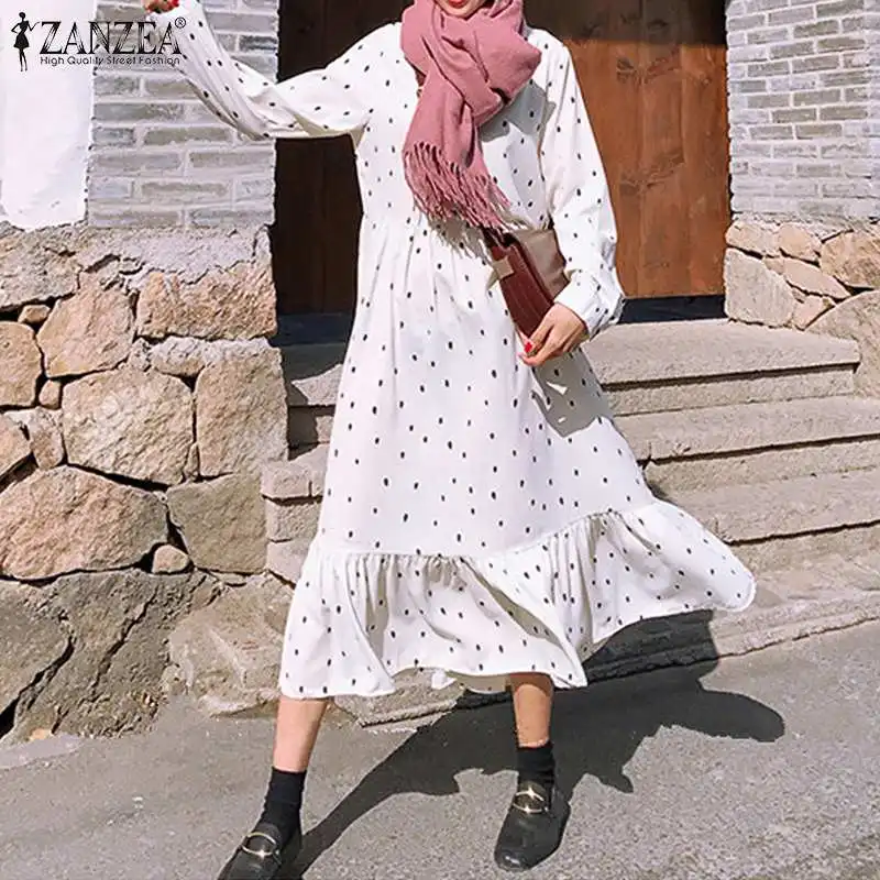 ZANZEA, Осеннее женское платье, макси, длинное, Vestidos, богемный, в горошек, с оборками, подол, летний сарафан, пляжное платье, Femme, Длинные рубашки