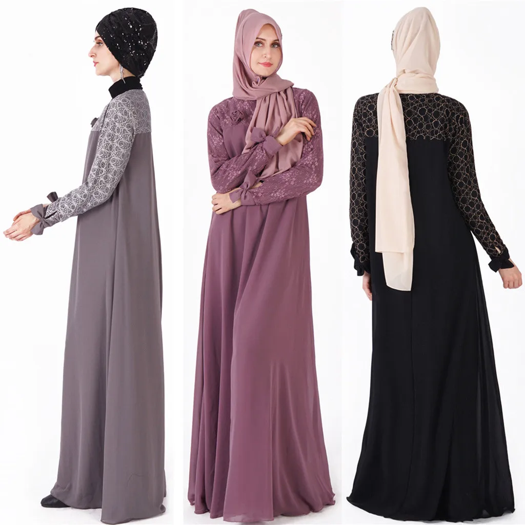 

2019 woman muslim long dress Kaftan Islamic Maxi Dress Floral Printing Long Sleeve Arab Jilbab Abaya Clothing Lace dress woman