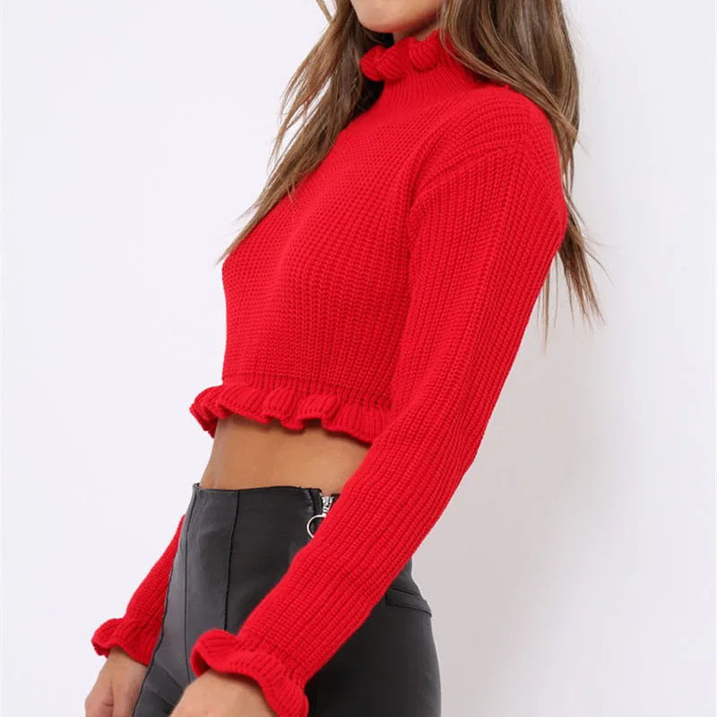Pullover Women Sweaters Autumn Winter Loose Ruffled Collar Long Sleeve Short Sweater Sexy Fashion Top Knitting | Женская одежда