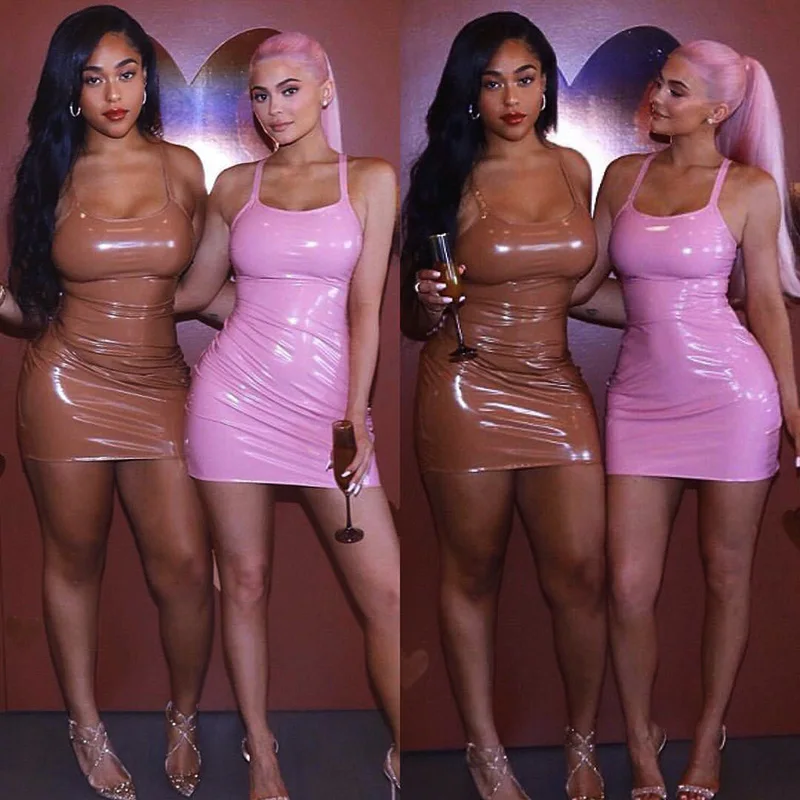 

Новинка 2021, сексуальное платье Kylie Jenner, розовое рождественское Женское зимнее платье миди из искусственной кожи, Бандажное платье на тонких ...