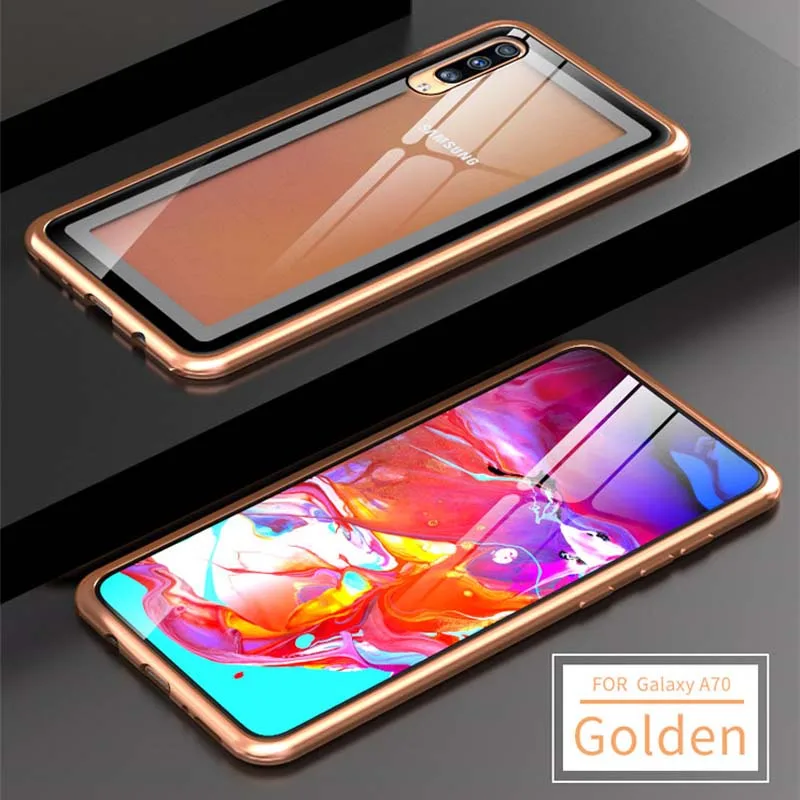 golden Роскошный Алюминиевый металлический бронированный чехол для samsung Galaxy A70, чехол с тонкой рамкой, бампер, задняя крышка из прозрачного стекла, чехол для телефона KS0200 - Цвет: golden