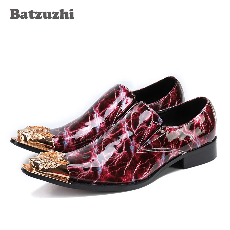 

Italian Men Shoes Pointed Gold Metal Tip Genuine Leather Shoes Men Wine Red Lightning Pattern Rock Party and Wedding Shoes Men