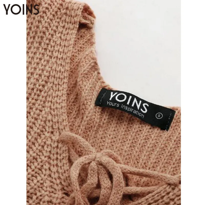 2020 YOINS Autumn Winter Women Sweaters Fashion Lace Up Khaki Self-tie Long Sleeves Sweater Casual Loose Jumper Pullovers Tops | Женская