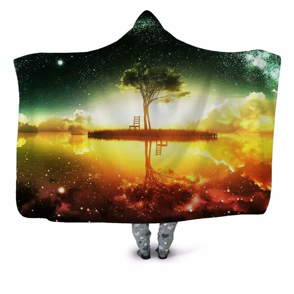 

Sunset Shadow 3D Printed Plush Hooded Blanket for Adults Children Warm Wearable Fleece Throw Blanket Home Office Washable Cloak