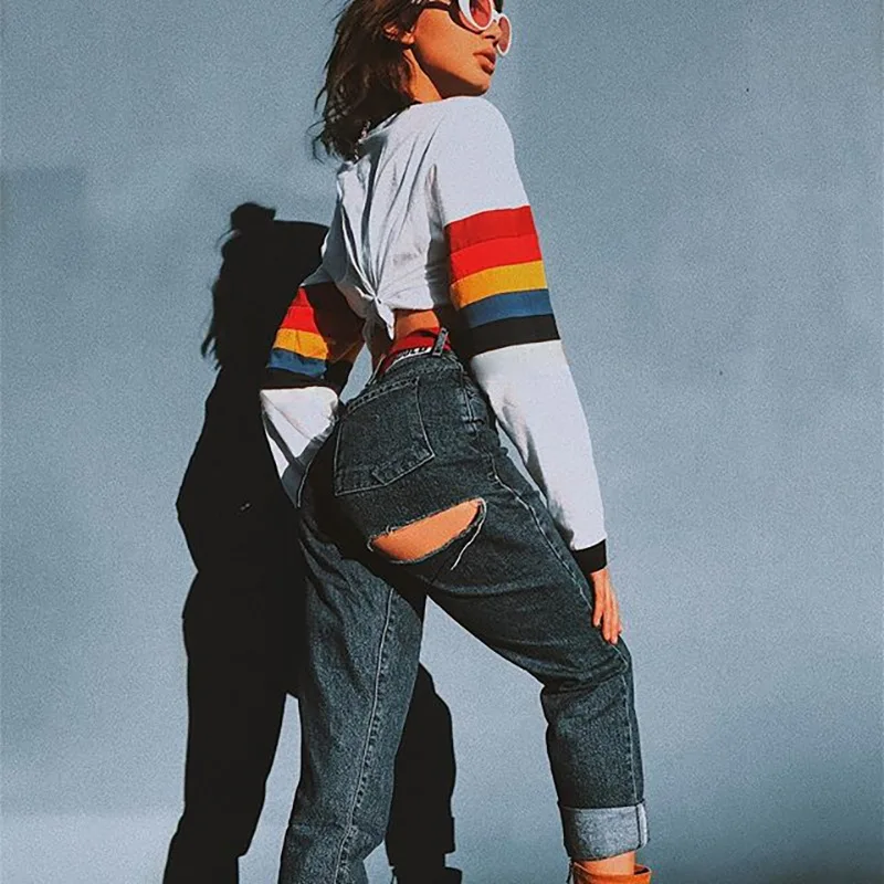 Толстовка Женская белая с буквенным принтом в полоску длинным рукавом | одежда