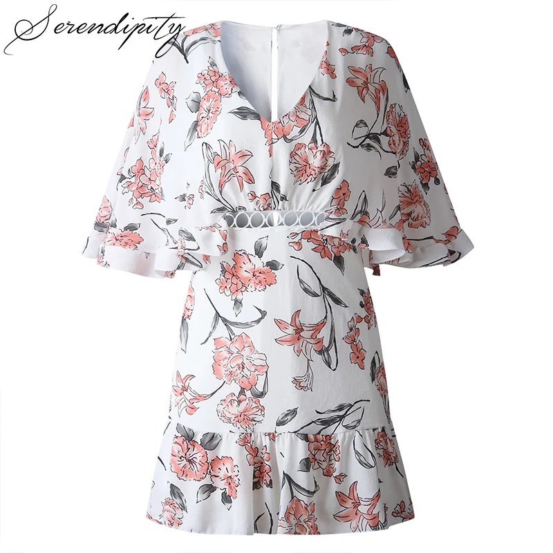 SRDP Elegant floral print women short shirt dress V neck ruffles vestidos Spring casual summer sundress sexy pink 2019 | Женская одежда