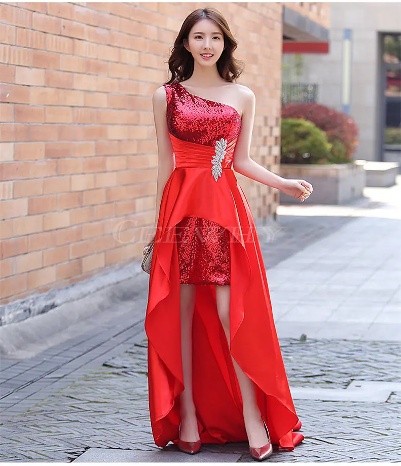 red one shoulder CEEWHY/Вечерние платья с блестками и кристаллами; Abendkleider Vestido de Noiva; асимметричные вечерние платья со шлейфом - Цвет: red one shoulder