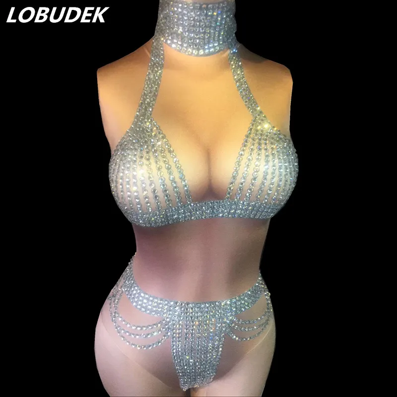 

Sexy Silvery Crystals Nude Bodysuit Sleeveless Stretch Bodysuits Bar Nightclub Women Dancer Pole Dancing Costume DJ Singer Show