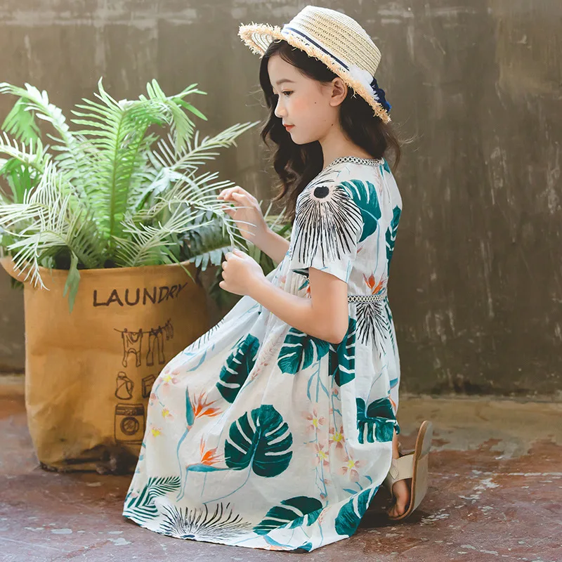 Baby Girls Dress V-neck Banana Leaf Kids Dresses Teens Summer Boho Frocks 2020 Vestido For Beach Cotton Children's Clothes | Детская