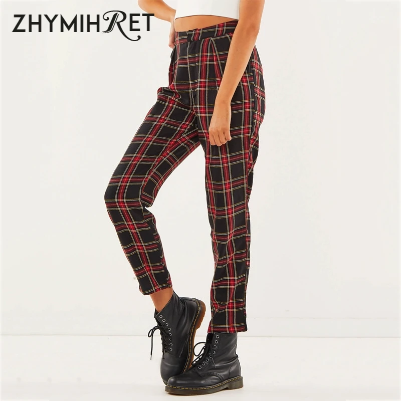 

Женские брюки ZHYMIHRET, хлопковые, красные, в клетку, прямые, длиной до щиколотки, повседневные, шаровары со средней талией