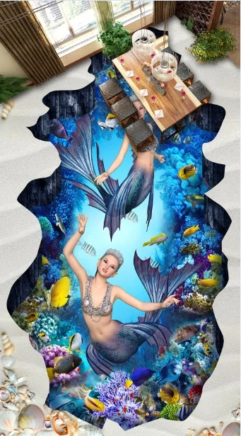 

[Самоклеящаяся] 3D подводная принцесса 2 нескользящая водонепроницаемая фото самоклеющаяся напольная Настенная Наклейка обои фрески печать...