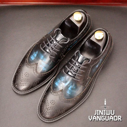 

High quality handmade cowhide leather carved bullock shoes men's formal luxury party dress brogue shoes black mixed color shoes