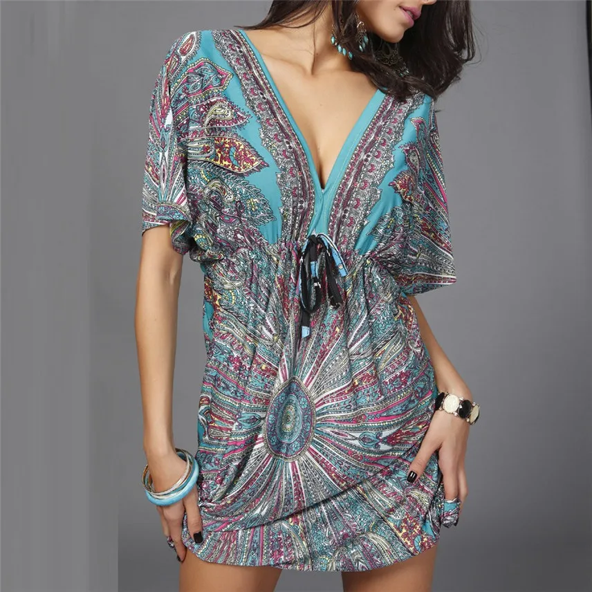 Женское пляжное платье с цветочным принтом v-образным вырезом и длинным рукавом