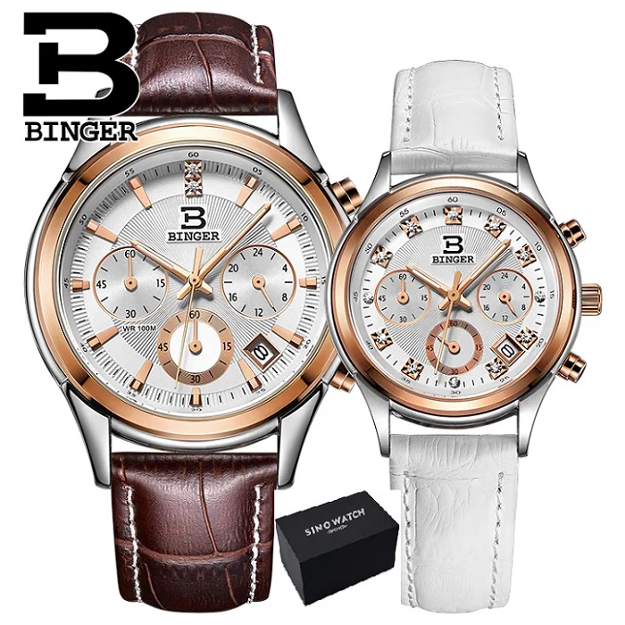 couple leather 2 Binger женские часы швейцарские Роскошные Кварцевые водонепроницаемые женские часы с ремешком из натуральной кожи наручные часы с хронографом BG6019 - Цвет: couple leather 2