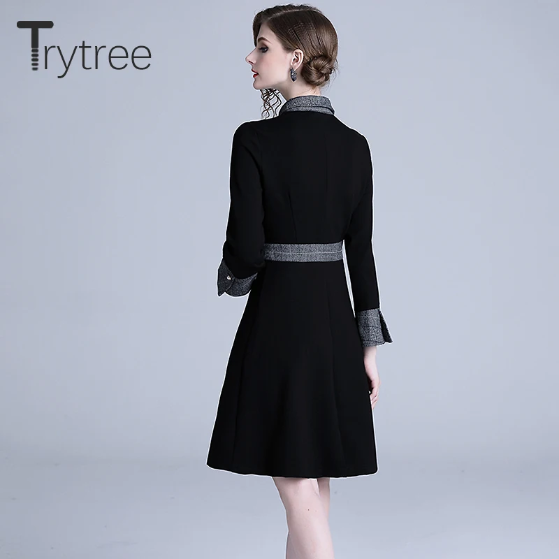 Trytree осеннее платье повседневное ТРАПЕЦИЕВИДНОЕ женское черное платье-рубашка лоскутное клетчатое платье с галстуком и отложным воротником на пуговицах длиной до колена