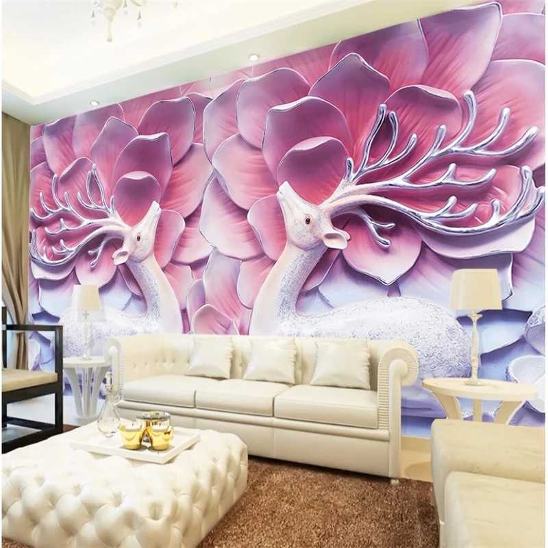 Обои для гостиной с изображением оленя и розового цветка|wallpaper mural|wallpaper murals