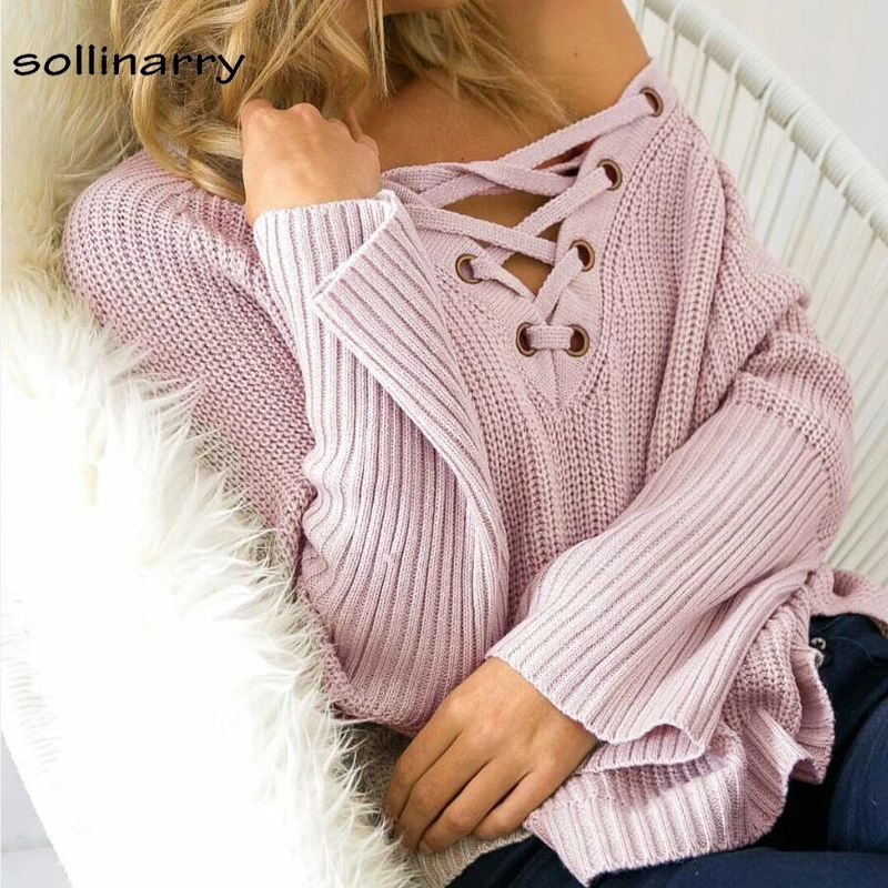 Sollinarry High Street Long Sleeve White Women Sweater Pullover Lace Up Sexy V NeckSolid Knit Winter | Женская одежда