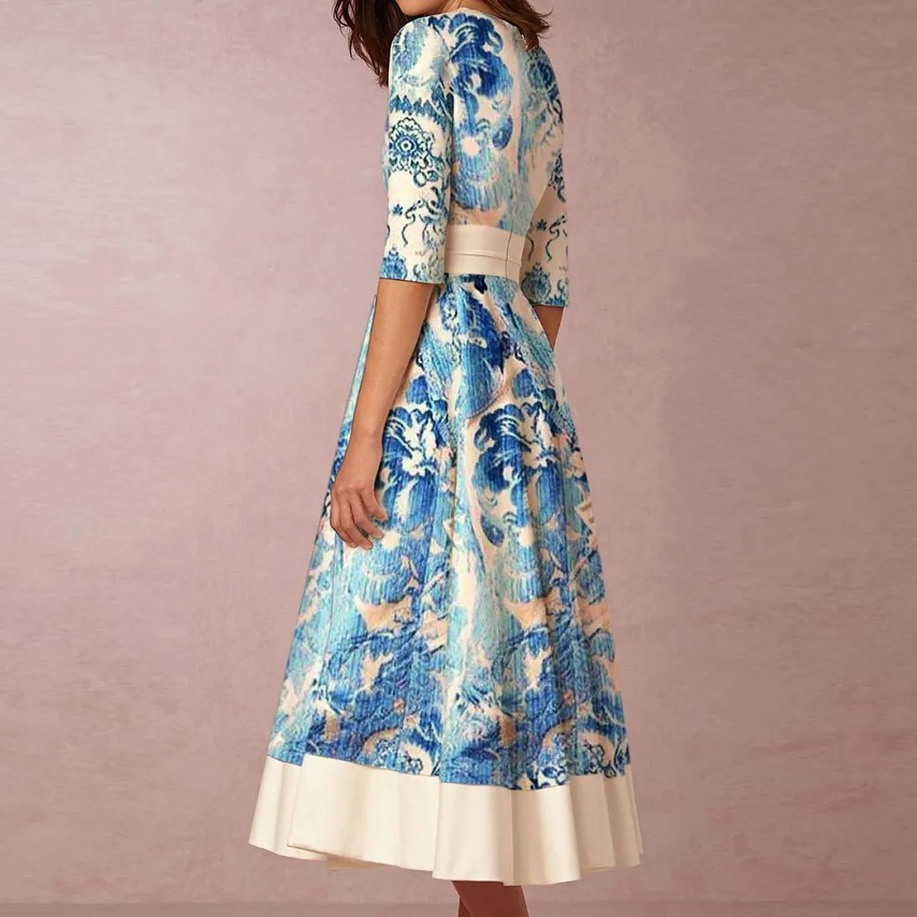 Deep V-Neck Print Vintage Dress Women Half Sleeve High Waist Zipper Swing Mid-Calf Dress Retro Female Party Dress
