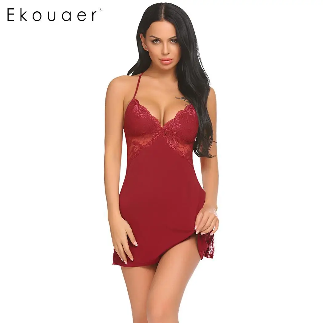 Red Ekouaer Нижнее белье Ночное платье пикантная Кружевная комбинация ночная рубашка Женская сорочка Сорочка ночная рубашка с стринги женские пижамы - Цвет: Red