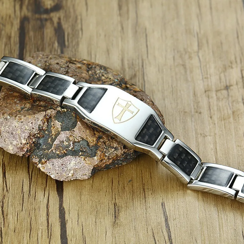 Магнитный браслет Vnox 12 мм из углеродного волокна для мужчин Knights Templar Shield Cross