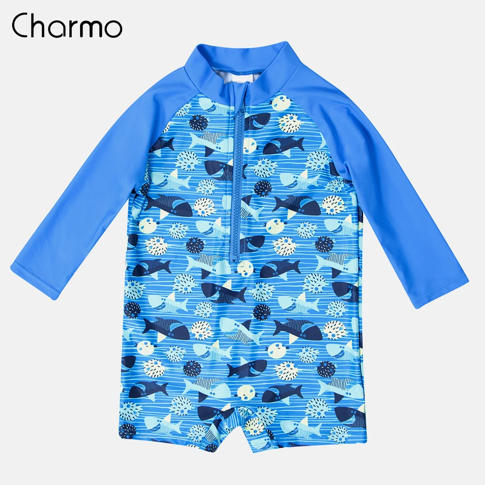 Charmo/цельный купальный костюм на молнии для маленьких мальчиков, детский Рашгард с принтом рыбы, детский купальник с длинными рукавами, Рашгард UPF 50+, пляжная одежда