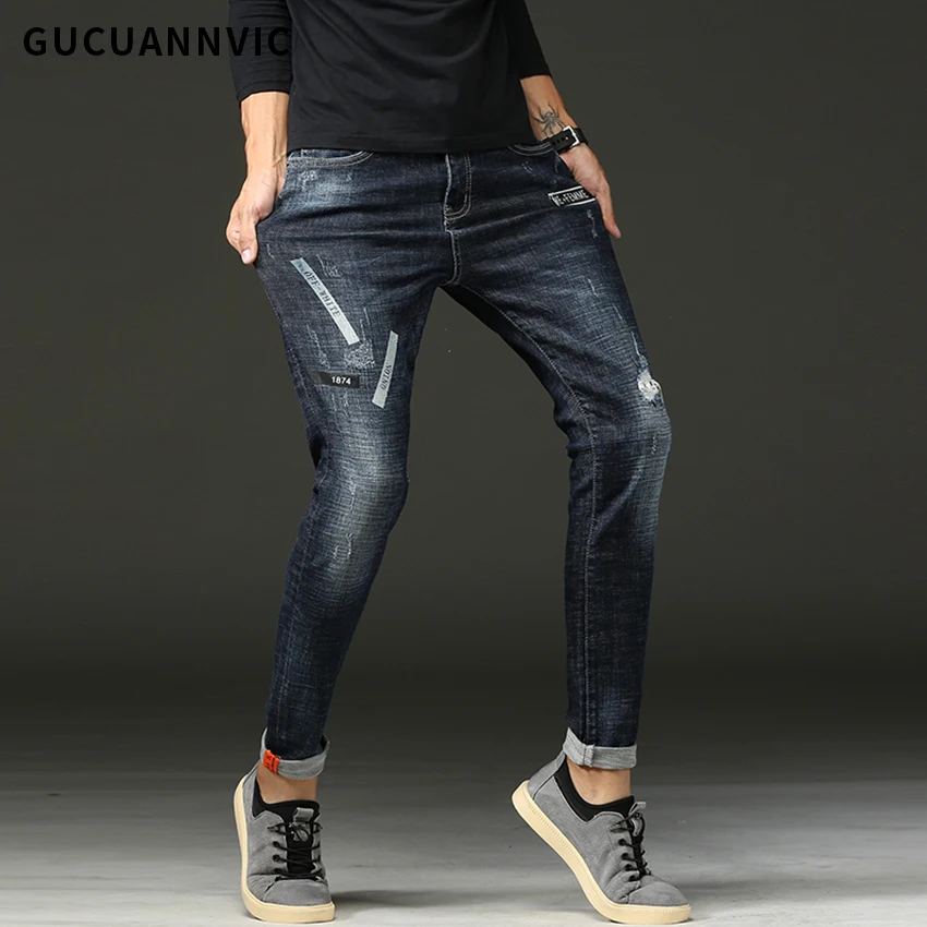 Темно синий Stonewashed модные Повседневные штаны для мужчин личность Ripped Синий