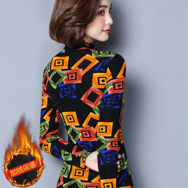 

Autumn and winter new large size women's printing hot drilling and velvet thickening warm bottoming shirt long-sleeved T-shirt