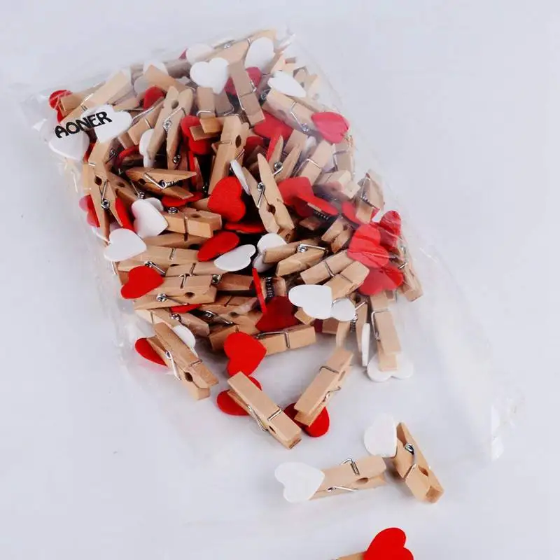100 шт. Мини Деревянные застежки сердце (белый + красный) зажимы деревянные