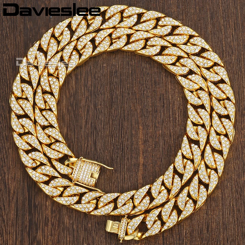 Davieslee Gold Necklace For Men Miami Curb Cuban Chain Necklaces Iced Out Men's Woman Jewelry Dropshipping 14mm LGN455 | Украшения и
