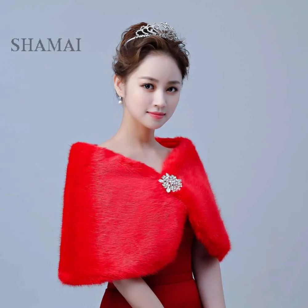 

SHAMAI High Quality Winter Red Faux Fur Bridal Jacket Warm Boleros Wedding Bride Wraps Cape Wedding Jacket free shipping