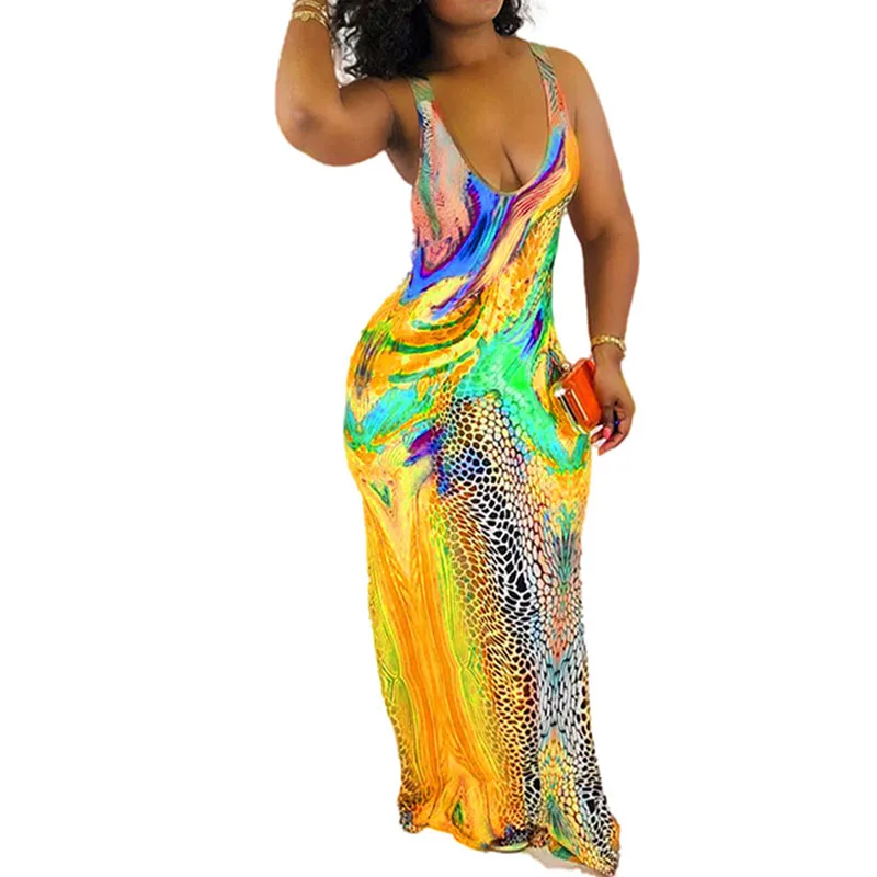 Женское леопардовое платье макси без рукавов с v образным вырезом повседневное