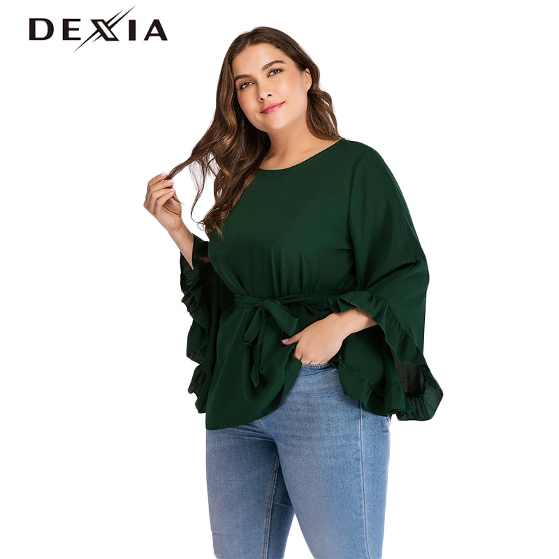 DEXIA плюс Размеры 3XL 4XL зеленый блузка Для женщин длинными расклешенными рукавами
