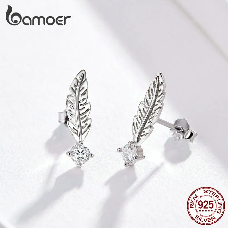 Женские серьги гвоздики из серебра 925 пробы с перьями|Серьги-гвоздики| |