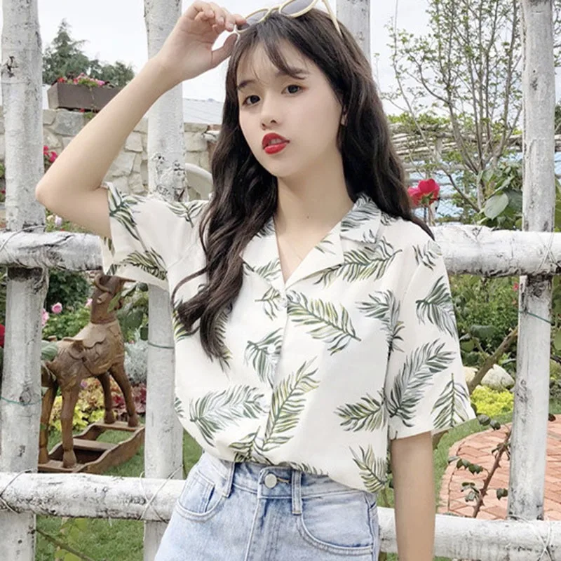 

new Women Leaves Printed Turn-down Collar Blouse Shirt Korean Style Women Chic Summer Casual Blouse Tops Feminino Blusas