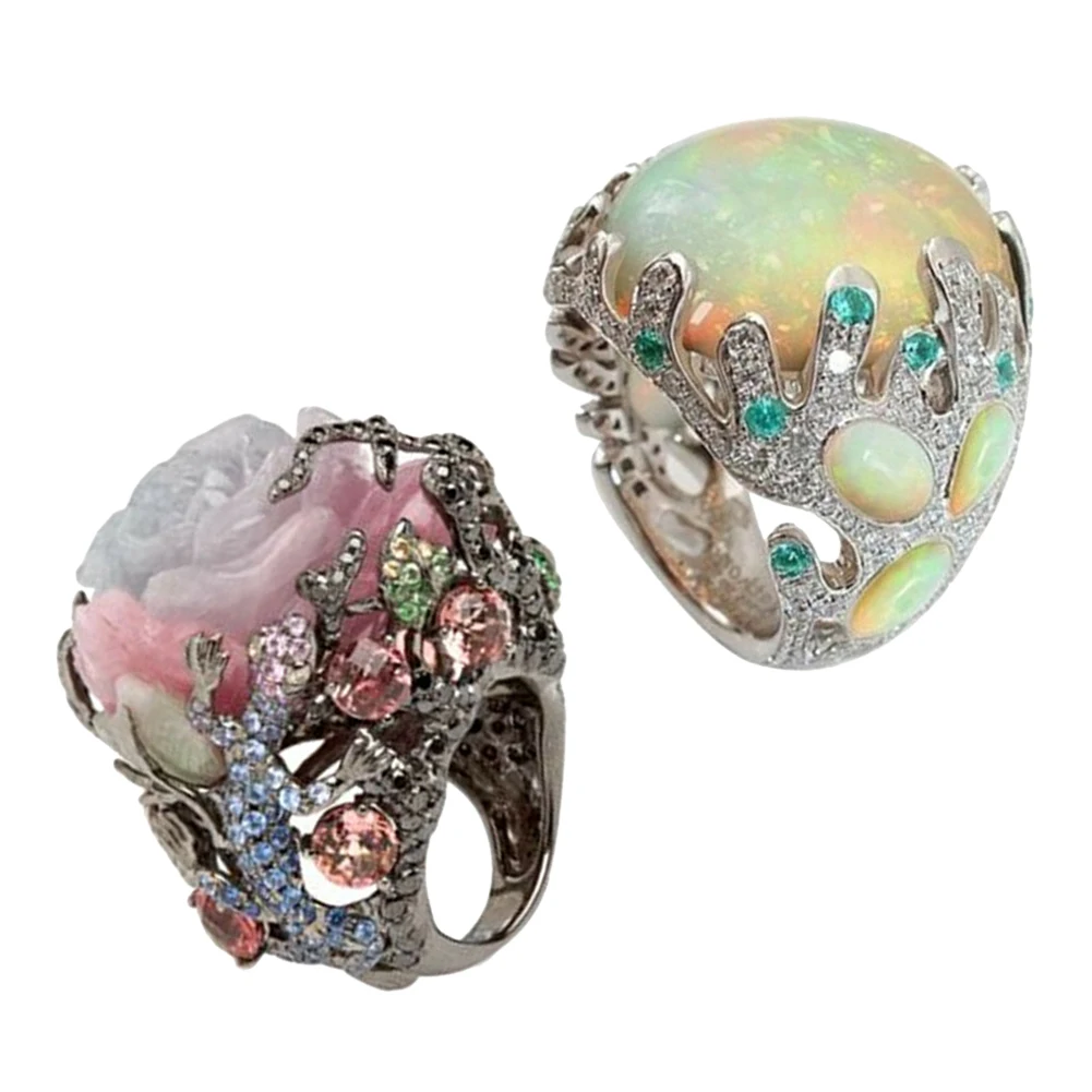 Hot Women Multicolor Big Oval Faux Moonstone Carved Flowers Finger Ring Jewelry Gift | Украшения и аксессуары