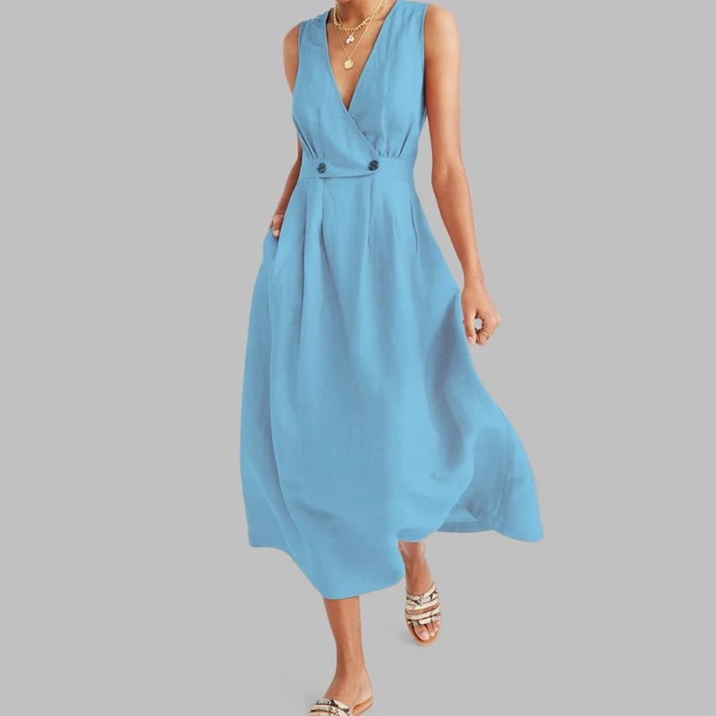 Плюс размер летнее макси платье без рукавов хлопок лен длинные платья